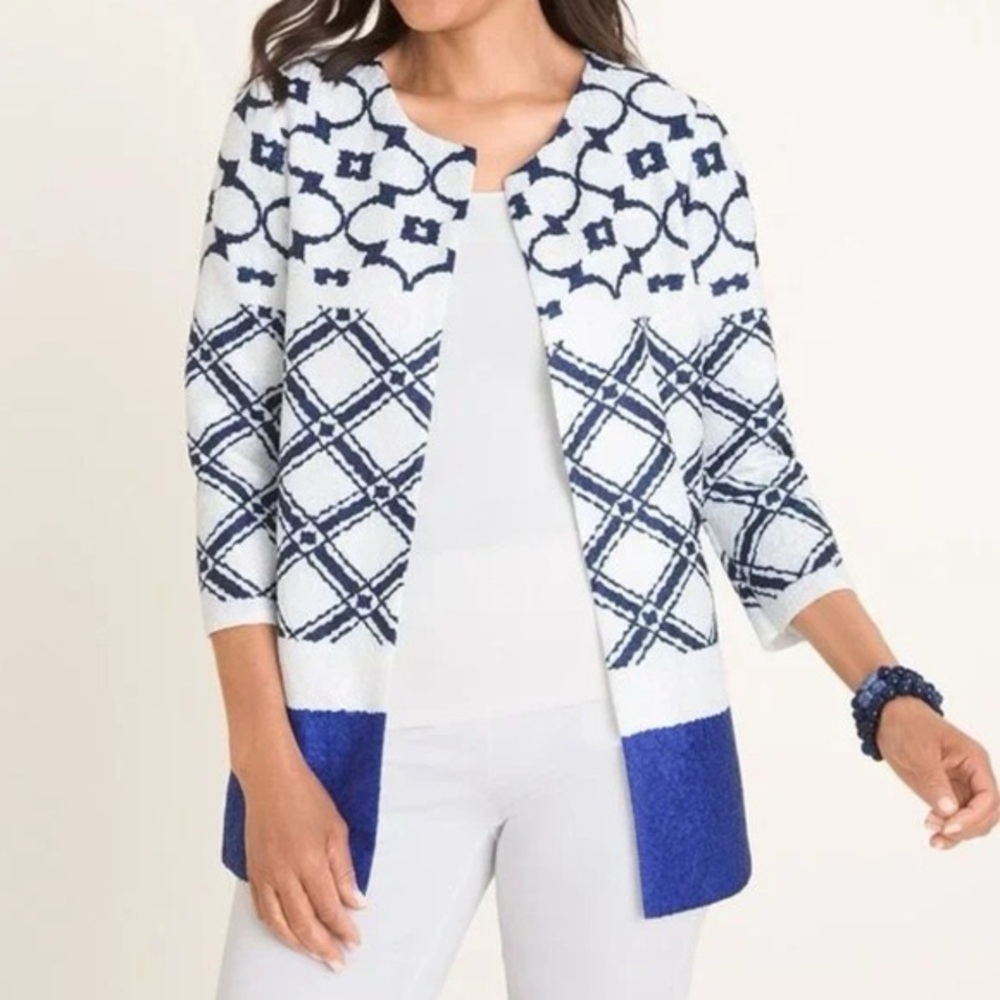 Chico's Travelers Crinkle lightweight Patterned Open-Front Cardigan Size Small